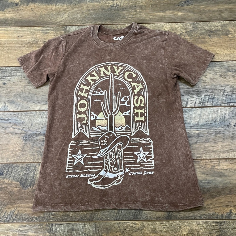 Johnny Cash Graphic T-Shirt XS Brown Acid Wash On Tour Western Country Tee Boho